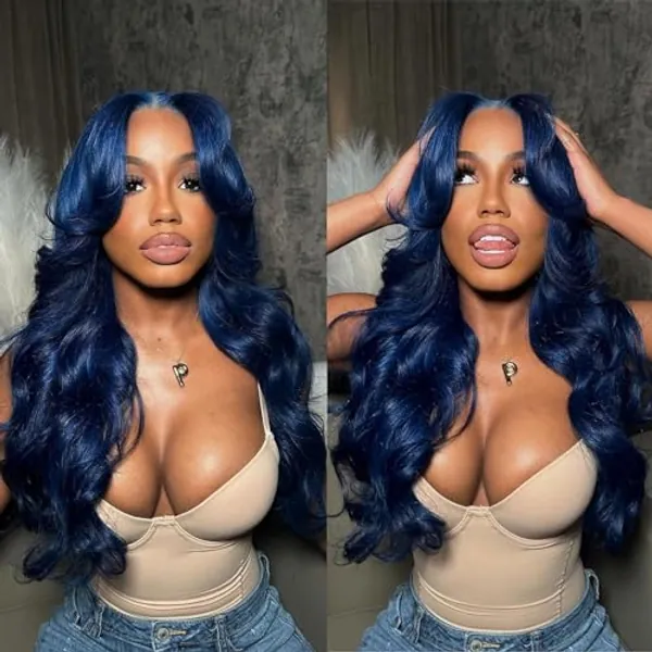 X-Tress 28" Lace Front Perruque pour Femme Bleu Perruque Ondulee Naturelle Highlight Blue Lace Front Wig Cheveux Meche Souple Natural Looking Longue Perruque Romantic(Bleu)