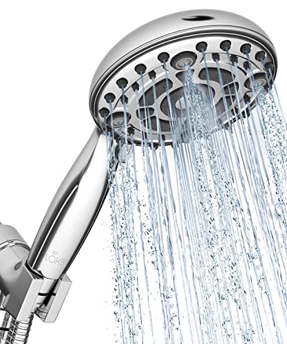 LOKBY High Pressure 6-Settings Shower Head with Handheld - 5'' Powerful Detachable Shower Head Set for Low Water Pressure - 59'' Stainless Steel Hose - Tool-Less 1-Min Installation - Chrome - 6 Spray-Settings - Premium Chrome