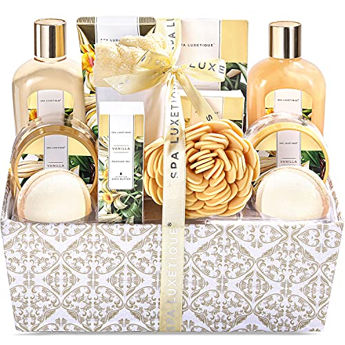Spa Gift Basket for Women, Spa Luxetique Vanilla Bath Gift Set, Perfect Birthday & Christmas Day Gifts Set for Her, 12 Pcs Relaxing Home Spa Kit with Bath Bombs, Bubble Bath,Shower Gel, Body Lotion & More. - charming vanilla