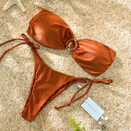coffee solid color bandeau bikini set S-L | COFFEE / S