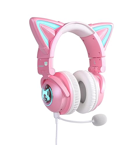 Axent Wear New Edition Wireless Cat Ear Headphones (12 Color Changing) 3.5mm Jack, Bluetooth&Wired Connection (Pinkcolor) - PinkColor