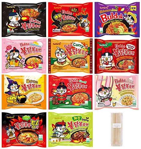 Samyang Spicy Hot Chicken Ramen 11 Flavor Variety Pack - FREE Chopsticks - Korean Buldak Ramen Noodles (11 Pack)