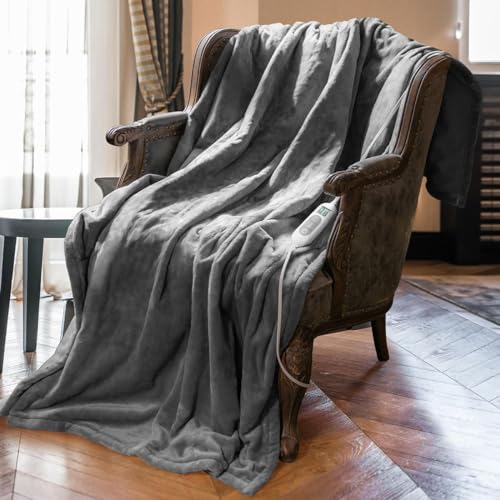 Mlivrom Heated Throw Blanket with 1-9 hrs Timer Auto-Off & 8 Heating Levels,Flannel Electric Blanket Throw ETL Certification,Machine Washable Full Body Warming Blankets - Grey - 62''×84''
