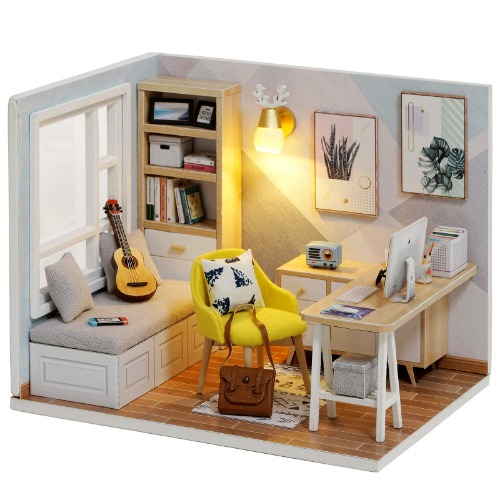 piberagi DIY Miniature Dollhouse Kit, 1:32 Scale Creative Room Mini Wooden Doll House with Furniture Plus Dust Proof for Kids Teens Adults(Study Room) - Study Room