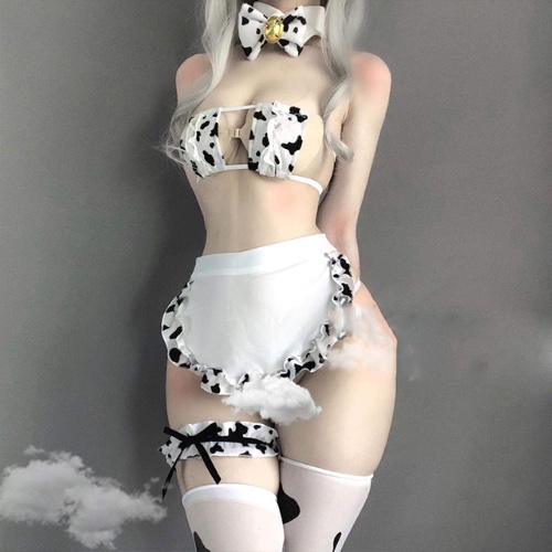 Anime Milk Cow Maid Sexy Dessous Japanische Cosplay Kostüme Bikini Anime Badebekleidung Lolita BH und Slip Set mit Schwanzstrümpfen - Weiß Einheitsgröße