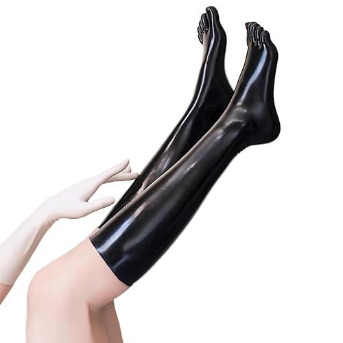 ABWL Black Latex Stockings for Women,Natural Rubber Latex Thigh High Stockings with Toes Cosplay Costume Party Clubwear - Black - Large