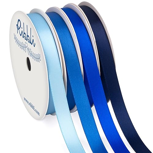 Ribbli Blue Satin Ribbon 3/8 Inch x 4 Rolls Total 40 Yards- Baby Blue/Royal Blue/Electric Blue/Navy Ribbon for Wrapping and Craft - Blue & Navy - 3/8 Inch