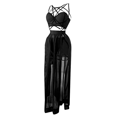 Ladies Three Piece Dress With Straps And Bosom Cushion Skirt Lingerie Sexy Petite Lingerie with Stockings - 4XL - Black