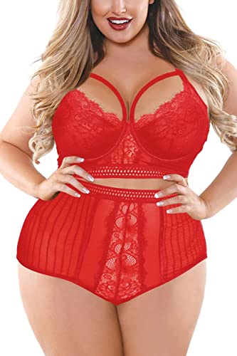 EVELUST Women's Plus Size Lingerie, Sexy Lace Up Drawstring Strappy Underwire Eyelash Lace Cup Bra and High Waist Panty Set - 3XL - Red