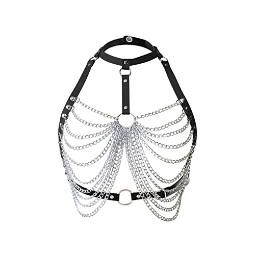 YUHAOTIN Sexy Lingerie for Women Sets Clothes for Women Sexy Lingerie Punk PU Leather Multi Layer Chain Bra Chain Metal Body Chain Clothes for Women Sexy Lingerie - One Size - Black