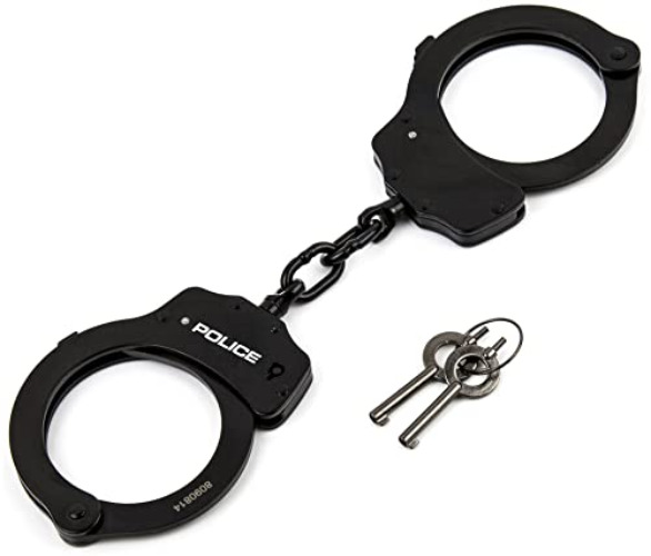 POLICE Handcuffs Double Lock Steel Professional Law Enforcement Heavy Duty Metal - Black