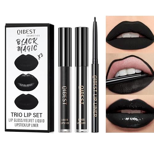 Pakivs 3Pcs Black Matte Liquid Lipstick,Lip Liner,Lip Gloss Trio Lip Set Waterproof Long-Lasting Moisturizing Velvety Lip Stain One Step Lips Makeup Kits - Set B - 1 g (Pack of 3)