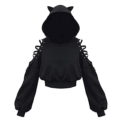 Springcmy Women's Y2k Lace Up Hoodie Crop Top Autumn Long Sleeve Cute Ear Cat Animal Print Pullover Sweatshirt, One Size - Black - L