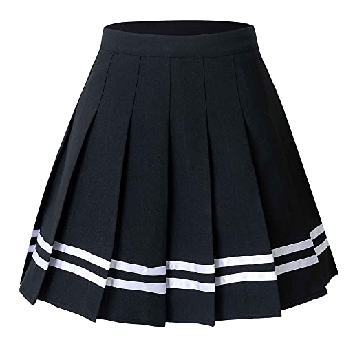 Hoerev Women Girls Short High Waist Pleated Skater Tennis School Skirt - 12 - Black With Stripe