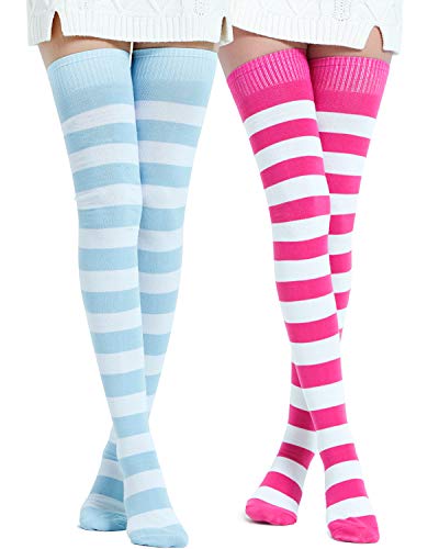 Kayhoma Extra Long Cotton Stripe Thigh High Socks Over the Knee High Socks - One Size - Fuschia/White & Blue/White