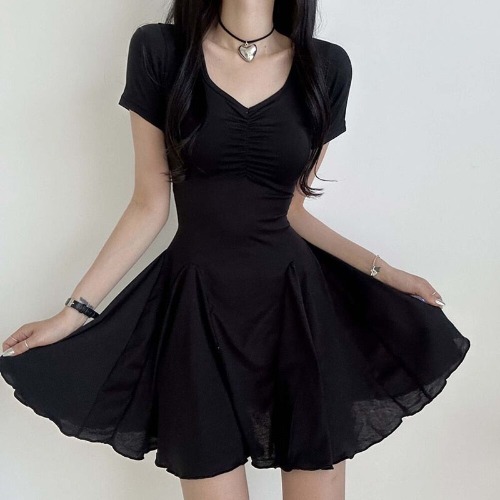 'Prey' Black Alternative V-Neck Casual Dress - Black Dress / L