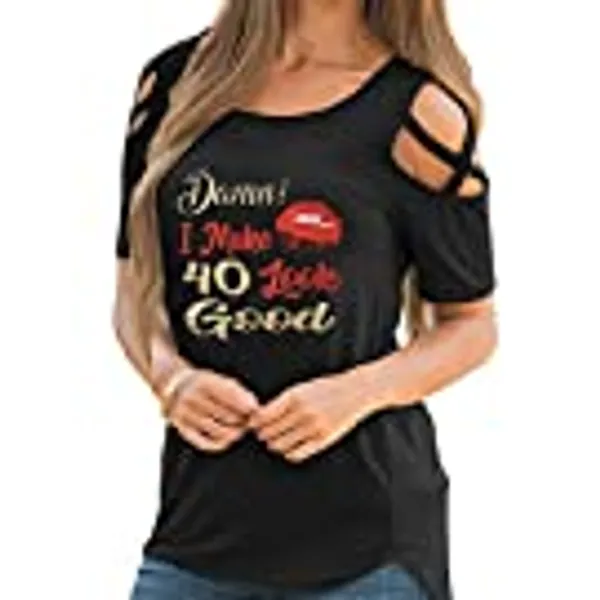 Rfecccy Women's 40th Birthday Gifts I Make 40 Look Good Cold Shoulder Short Sleeve Crew Neck T-Shirt