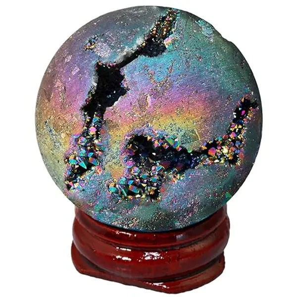 SUNYIK Rainbow Titanium Coated Druzy Geode Sphere Ball,Crystal Quartz Agate Ball,Healing Sculpture Figurine for Easter Day - 1#-rainbow