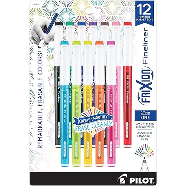Pilot, FriXion Fineliner Erasable Marker Pens, Fine Point 0.7 mm, Pack of 12, Assorted Colors - 12 Count (Pack of 1)