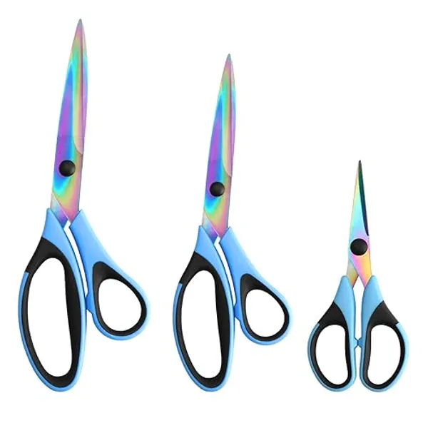 Craft Scissors Set of 3 Pack, All Purpose Sharp Titanium Blades Shears, Rubber Comfort Grip Handle, Multipurpose Fabric Scissors Tool Set Great for Office, Sewing, Arts, School and Home Supplies, Blue - 3pcs/Blue&black