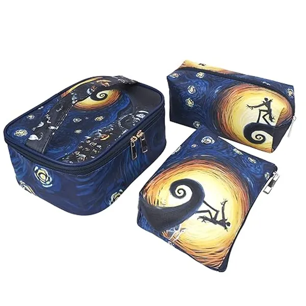MRSP 3 sets makeup bag travel small cosmetic case portable with multifunctional waterproof Organizer bag for women (The Nightmare Before Christmas) - The Nightmare Before Christmas