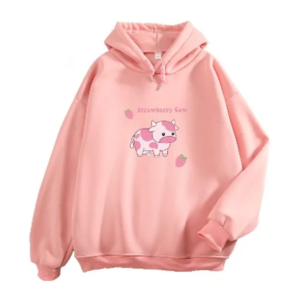 Pullover Sweatshirts for Women Cute Strawberry Cow Print Hoodie Casual Fuzzy Top