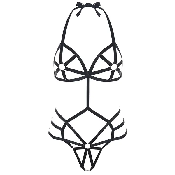 SUNSPICE Sexy One Piece Halter Teddy White Lingerie Exotic Strappy Bodysuit Set for Women - Black One Size