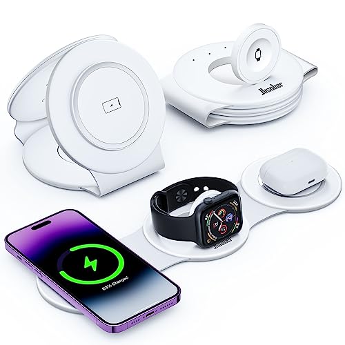 Hicober 3 in 1 Wireless Charging Station for iPhone 15, Magnetic Foldable Travel Charger Station Stand 18W for iPhone 15 14 13 12 Pro/Max/Plus/Apple Watch All Series & Airpods - White