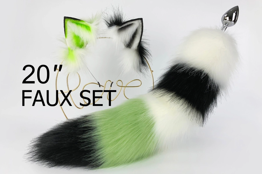 Green Striped Fox Tail and Ears Plug Set
