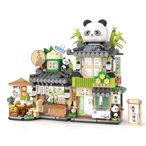 City Tea House Building Blocks Set, Openable Panda Construction Tea Shop Building Toys for Boys Girls Age 8+, 860pcs Mini Bricks - Black