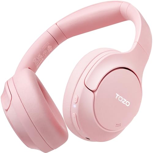 TOZO HT2 Hybrid Active Noise Cancelling Headphones, Wireless Over Ear Bluetooth Headphones, 60H Playtime, Hi-Res Audio Custom EQ via App Deep Bass Comfort Fit Ear Cups, for Home Office Travel Pink - New Upgraded Edition - Pink