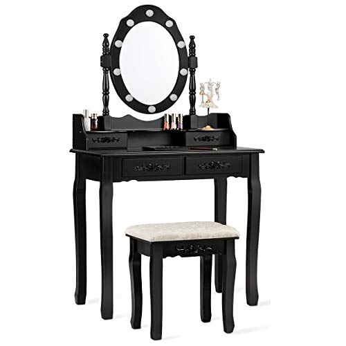 CHARMAID Makeup Vanity Table with 10 LED Lights, 4 Drawers, Storage Shelf, Rose Knob, Bedroom Dressing Makeup Table Vanity Desk with Cushioned Stool for Girls Women (Black) - Black