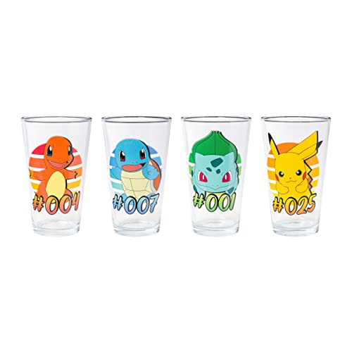 Silver Buffalo Pokemon Original Starters Charmander, Squirtle, Bulbasaur, and Pikachu 4pc. Pint Glass Set, 16 Ounces - Pokemon Starter Gradients