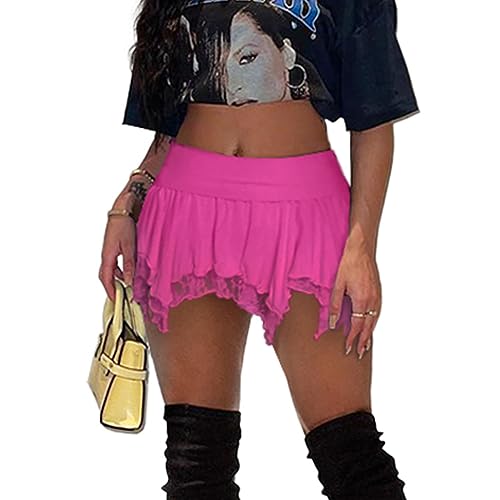 Women's Lace Short Skirt Sexy Y2K Solid Low Waist Patchwork Flowy Ruffle Pleated Mini Skirts Streetwear - Small - Rose