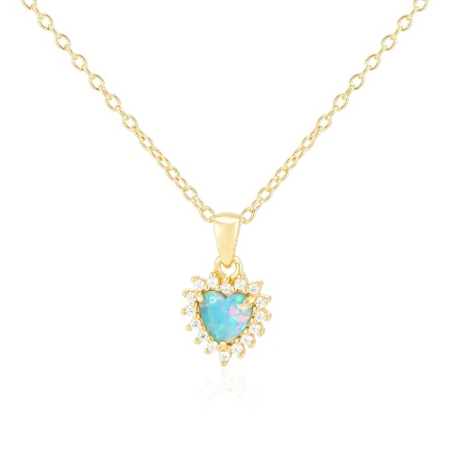 Opal Halo Heart Necklace/18K Yellow Gold with Opal & Cubic Zirconia