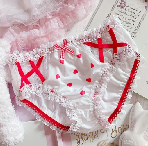 Red & White Babydoll Panties - Love ribbon / L