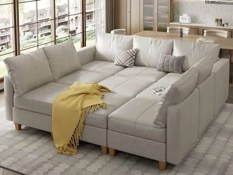 EASE MOOSE Modular Sleeper Sofa Sectional Couch with Storage, 91" Faux Leather 9 Seat Modular Sofa Bed Sectional Sofa for Living Room Beach White