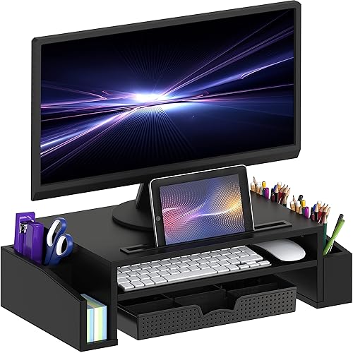 Simple Houseware Desk Monitor Stand Riser with Adjustable Organizer tray, Black - Black