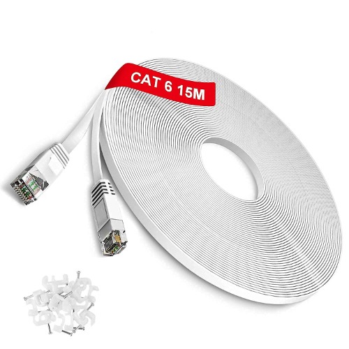 TBMax 15m Netzwerkkabel Cat6 Ethernet-Kabel 250 MHz 1000Mbit/s High Speed Lan Kabel flaches Internetkabel Kompatibel mit Switch/Router/Modem/Patch-Panel/Mac Weiß