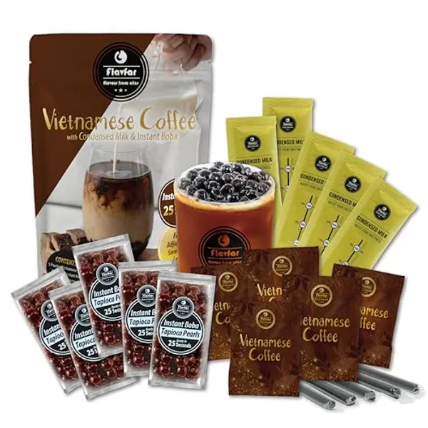 Flavfar Instant Boba Bubble Pearl Vietnamese Coffee Kit with Delicious Tapioca Boba, Ready in Just 25 Seconds | The Ultimate Bubble Tea Kit with Boba Straws for Gifting - 5 Servings