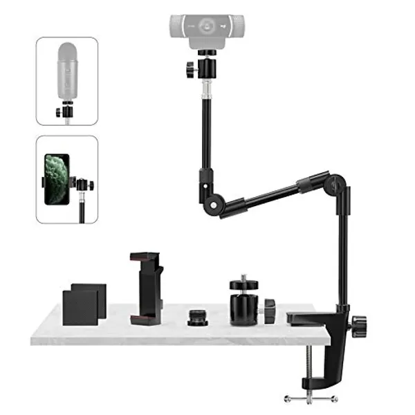 Webcam Stand Camera Mount with Phone Holder & 5/8" Screw, 25in Flexible Projector Stand Gooseneck Desk Mic Stand for Logitech C922 C930e C920 C615 C960 Brio 4K, GoPro, Blue Yeti Snowball Ice