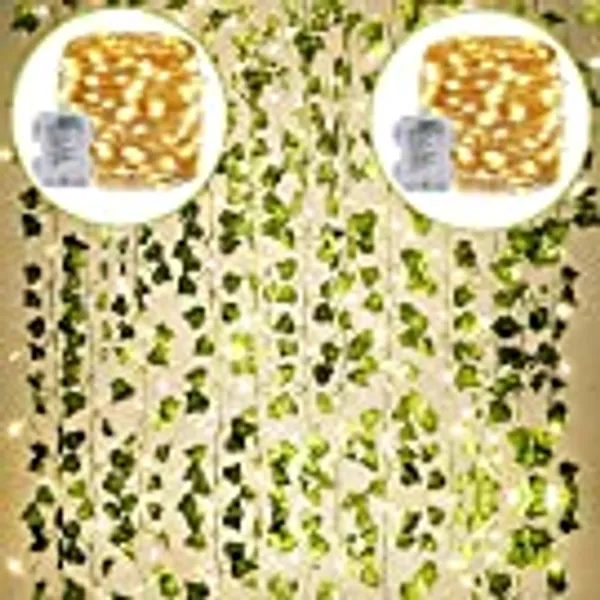 KASZOO 24Pack / Each 82 inch, Artificial Ivy Garland Fake Plants with 160 LED String Light, Green for Wedding Party Garden Outdoor Greenery Wall Decoration