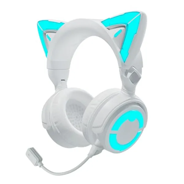 YOWU RGB Cat Ear Headphone 4GS- Gaming Headset for PC PS5 Switch Xbox, 2.4G/Wireless/Wired, Attachable Gaming Microphone, Customizable Lighting and Effect via APP (White)