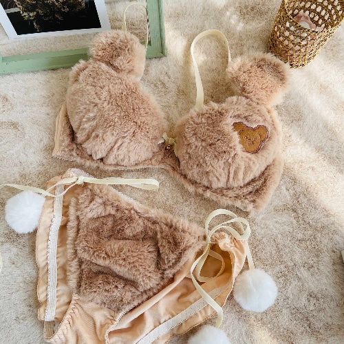 Fuzzy Teddy Bear Lingerie Set - Brown / M