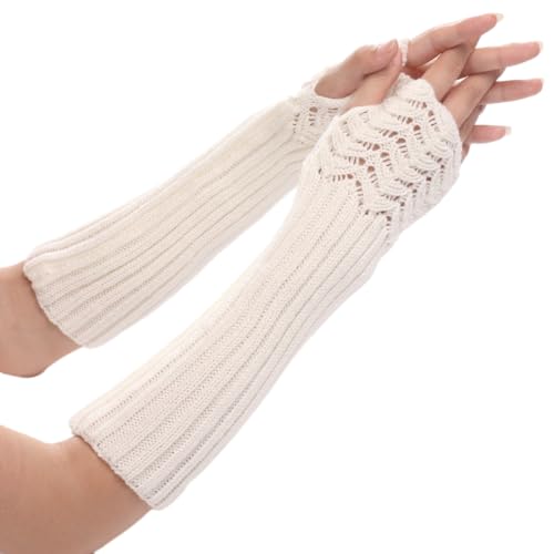 Novawo Women's Scale Design Winter Warm Knitted Long Arm Warmers Gloves Mittens - White