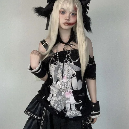 Pastel Menhera Off The Shoulder Tee - Black / L