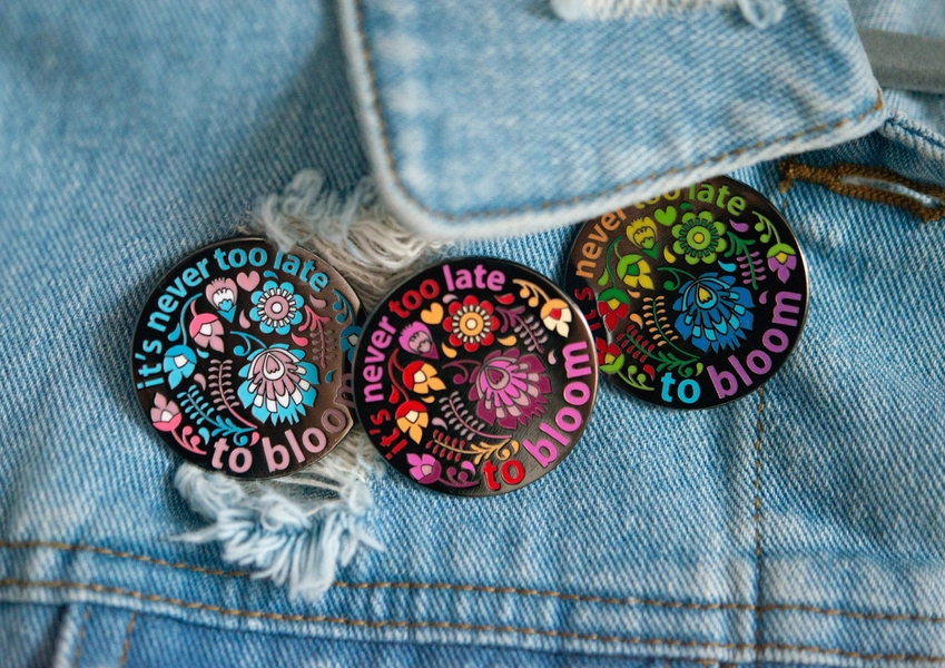 Bloom Pin - Hard Enamel 1.5"- LGBTQ Lesbian Trans Pride Pin - Rainbow Pin - Queer Joy - Latebloomer - Coming Out Gift - It's Never Too Late