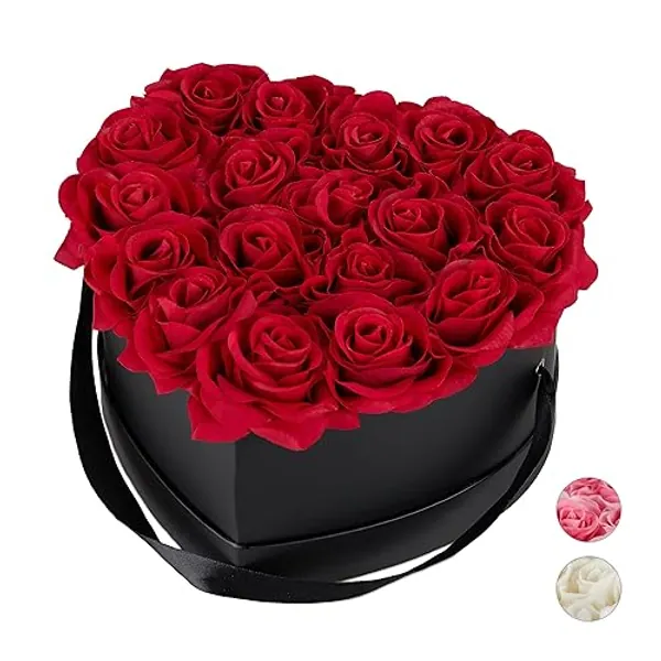 Relaxdays Rosenbox Herz, 18 Rosen, stabile Flowerbox schwarz, 10 Jahre haltbar, Geschenkidee, dekorative Blumenbox, rot, 13 x 21 x 19 cm - Rot
