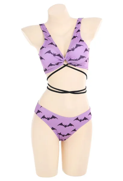 Miccostumes Swimsuits for Women Bat Pattern Swimwear Bathing Suit Cross Lace-up Bikini Sets