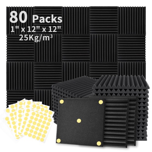 Focusound Pacote com 80 painéis de espuma acústica 2,5 cm x 30,5 cm x 30,5 cm, painéis de espuma à prova de som, painéis de cunha com cancelamento de ruído para estúdio de reconhecimento de escritório - 80 Pack